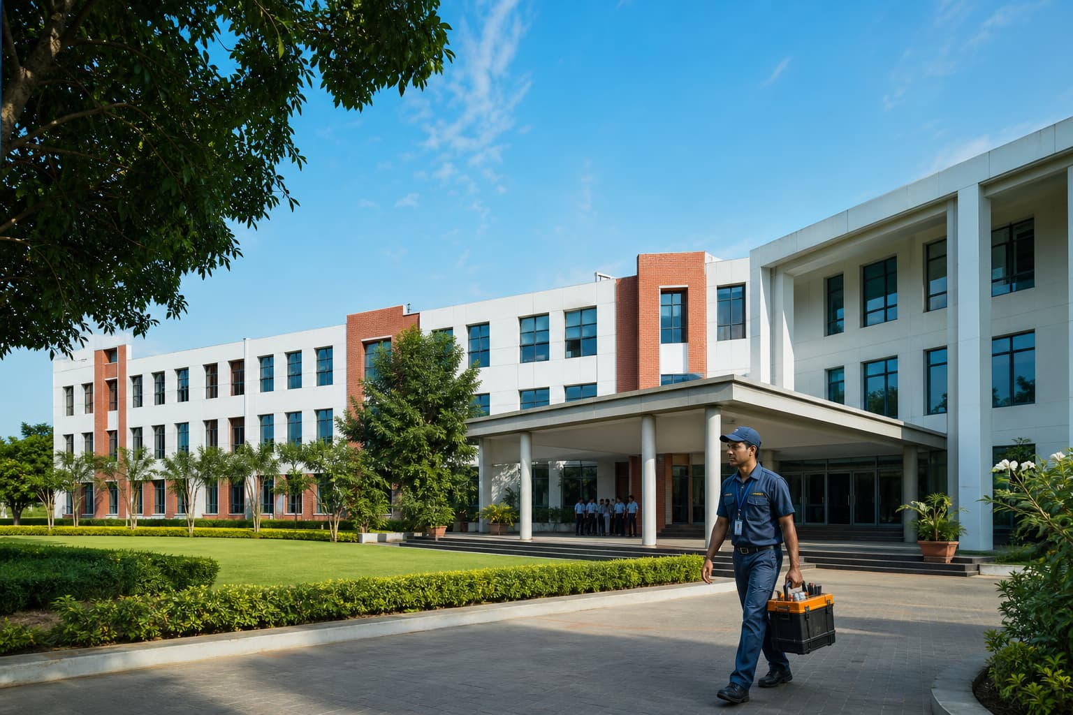 Technician arriving at an institutional campus for AMC service